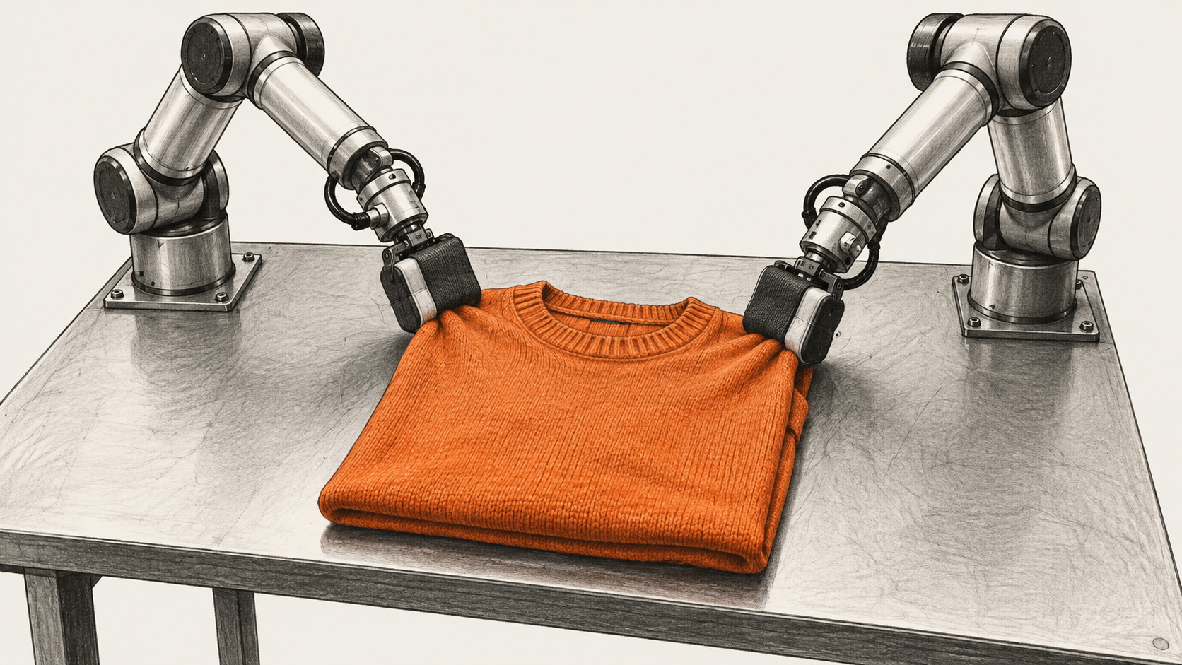 Conceptual robot arms handle a garment.
