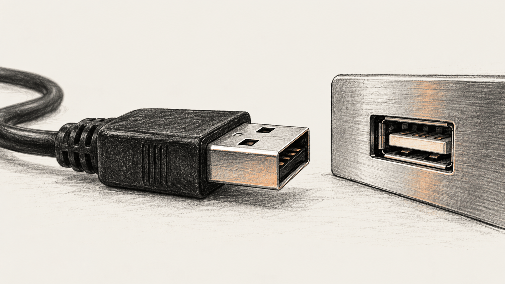 A USB connector rests just short of a matching port.