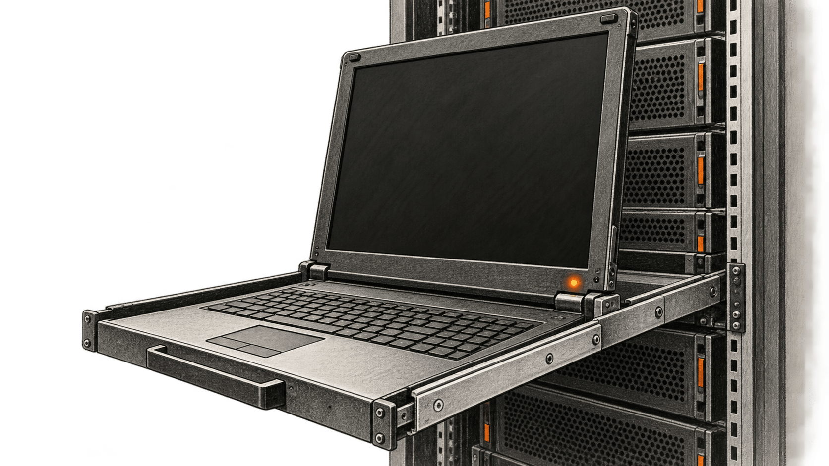 Charcoal illustration of a blank rack-mounted service console pulled out on metal rails in front of generic compute equipment.