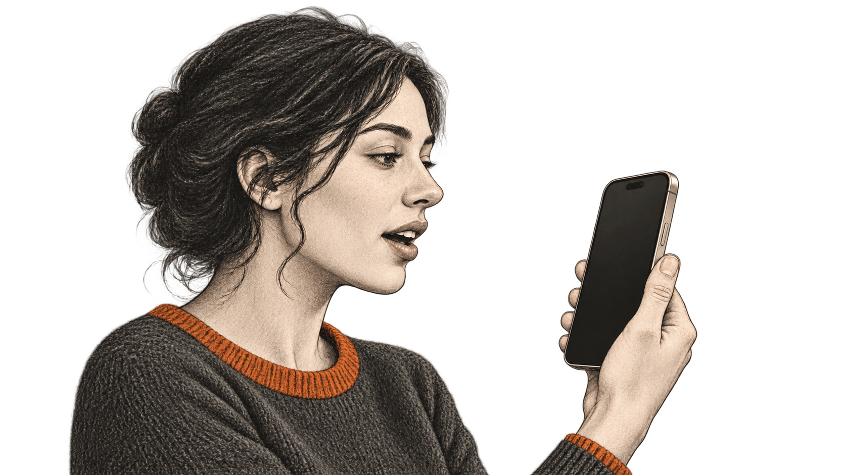 Conceptual charcoal illustration of a person speaking toward a blank-screen smartphone.