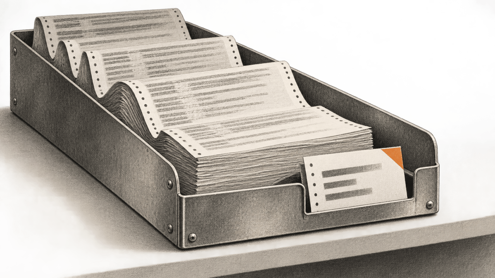Conceptual charcoal illustration of a long fanfold diagnostic log retained in a metal tray beside a short receipt-sized sheet in its front slot.
