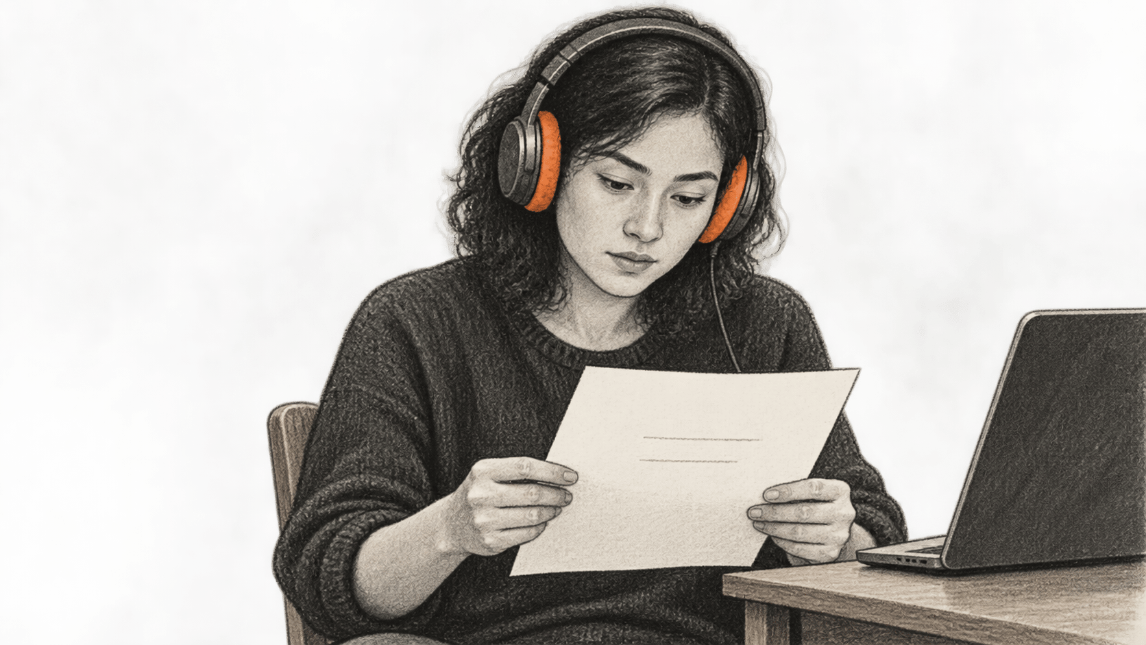 Conceptual charcoal illustration of one headphone listener holding a short spoken-copy sheet beside an unbranded laptop.