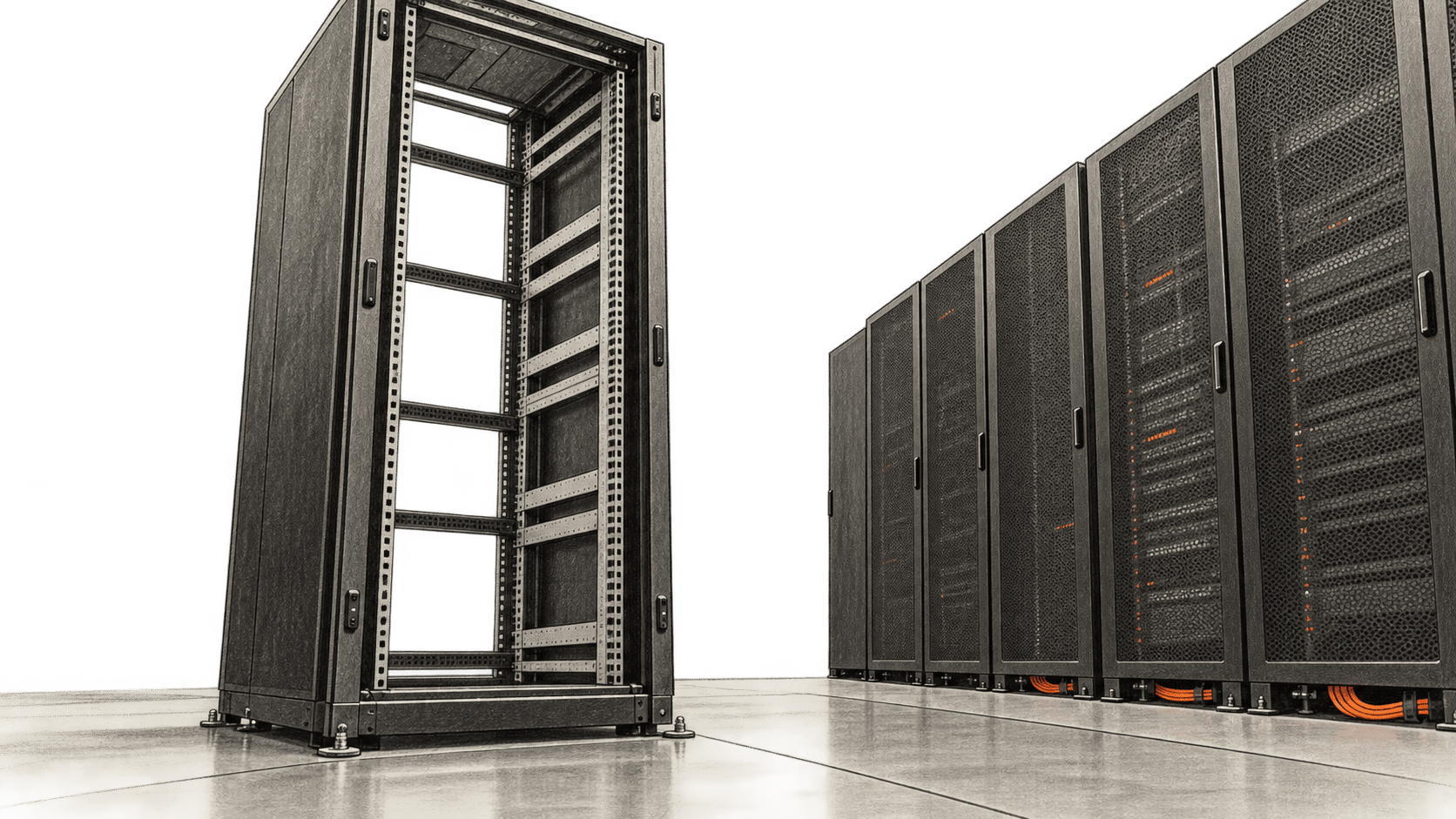 Conceptual charcoal illustration of an empty server cabinet in the foreground of a generic data-center aisle, with closed cabinets farther back.
