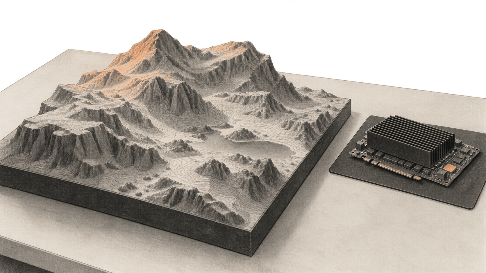 Charcoal illustration of a raised rocky terrain model beside an unbranded compute board on a shared work surface.
