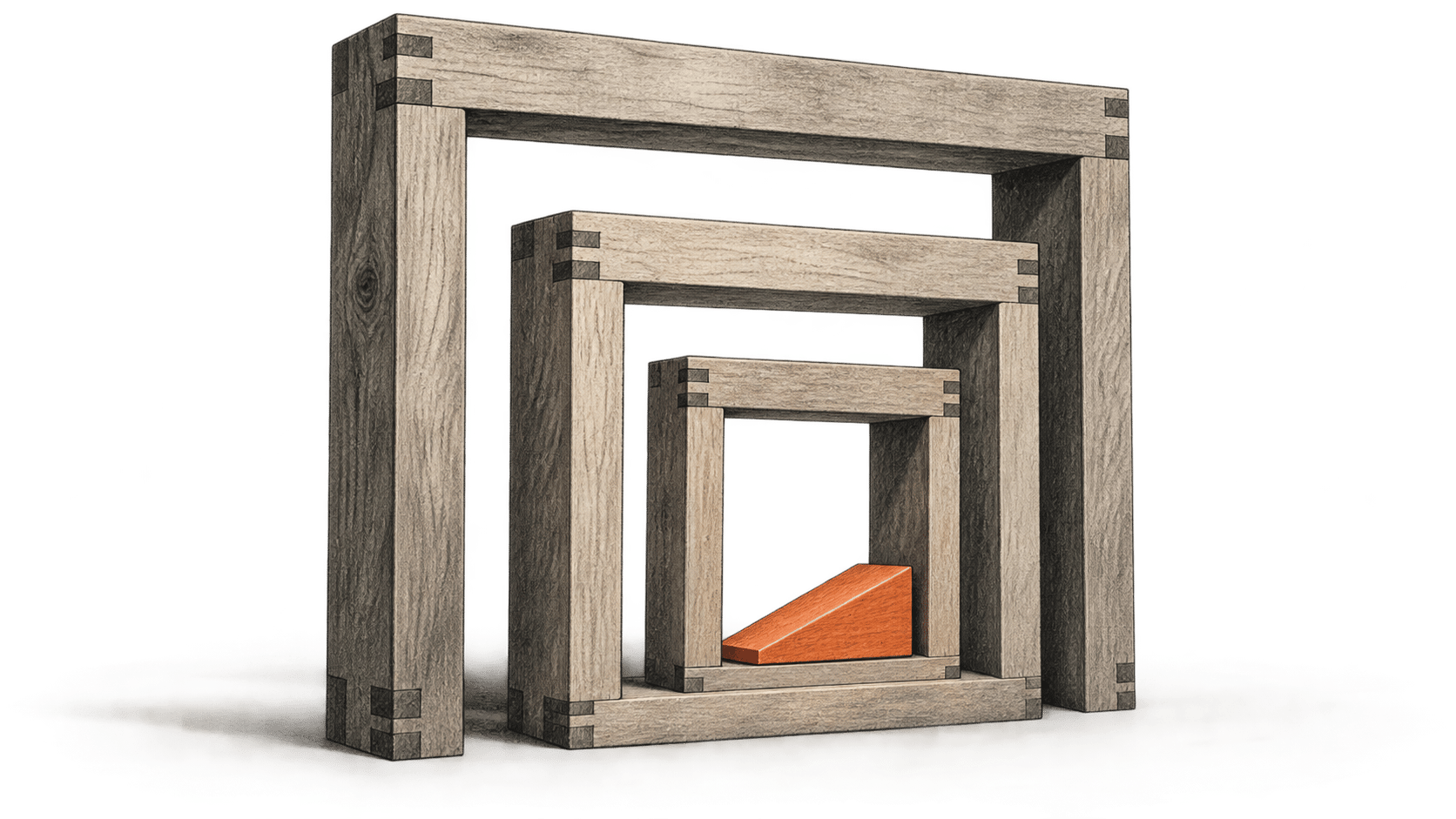 Conceptual illustration of three nested wooden frames with an orange wedge inside.