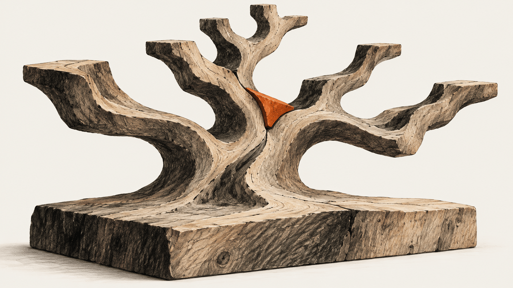 Branching wooden sculpture with an orange inlay.