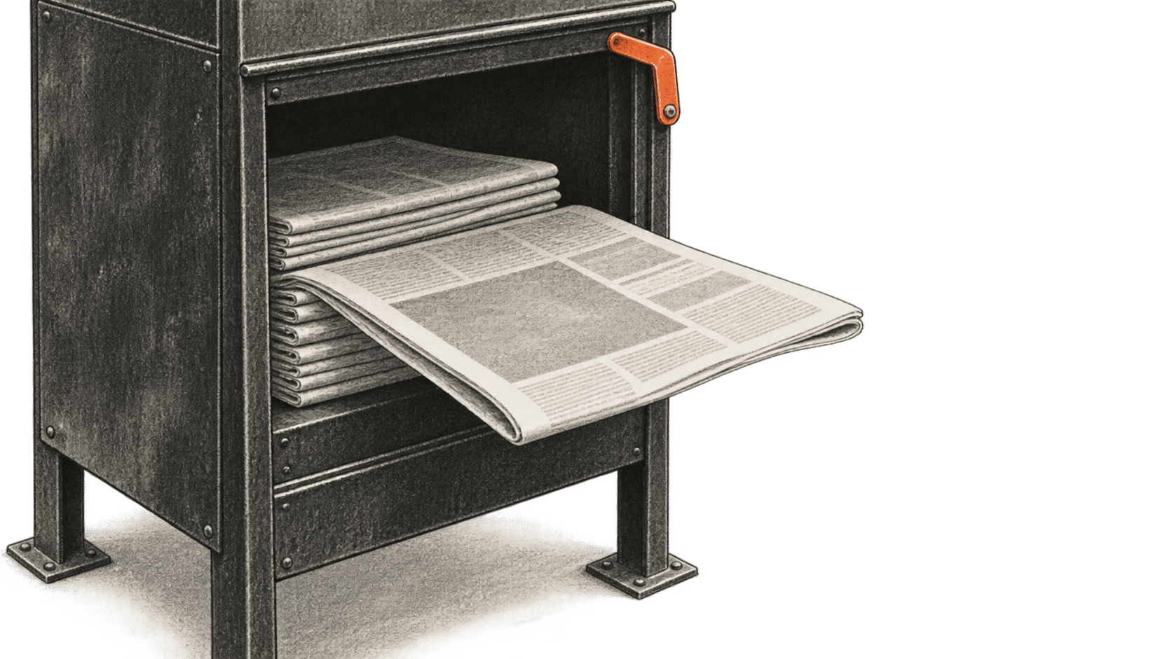 Conceptual charcoal illustration of one newspaper partly withdrawn from a dark metal newsstand rack, while other copies remain inside.