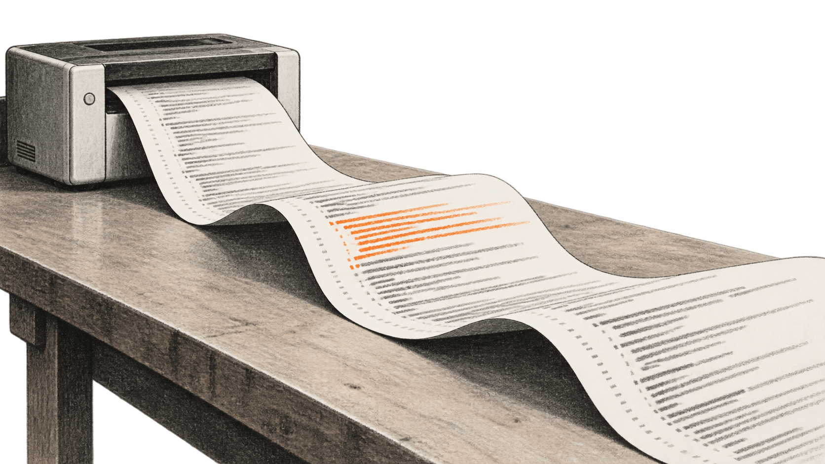 Conceptual charcoal illustration of a long, unlettered code-diff proof sheet emerging from a printer across an inspection table, with a short orange passage.