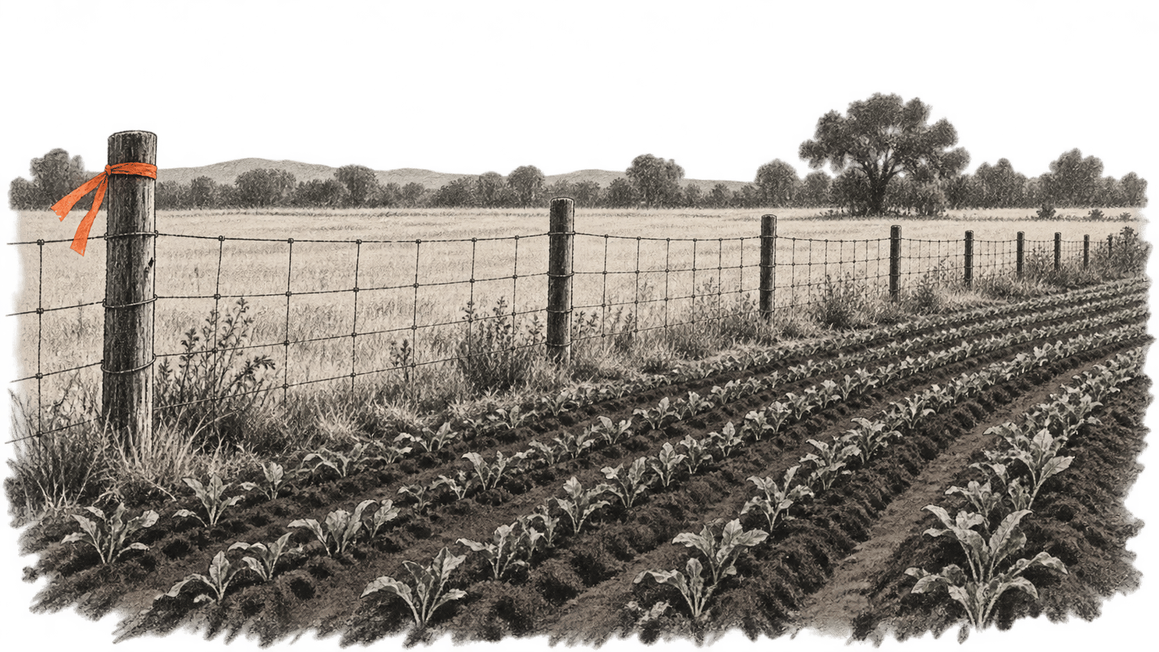 Cultivated rows run beside a wire fence with an orange ribbon tied to one post; an open field and trees lie beyond.