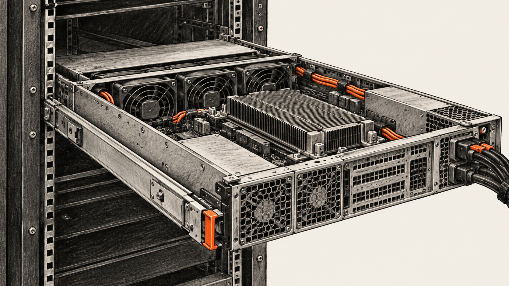 Conceptual charcoal illustration of an open rackmount server with fans and a finned module.