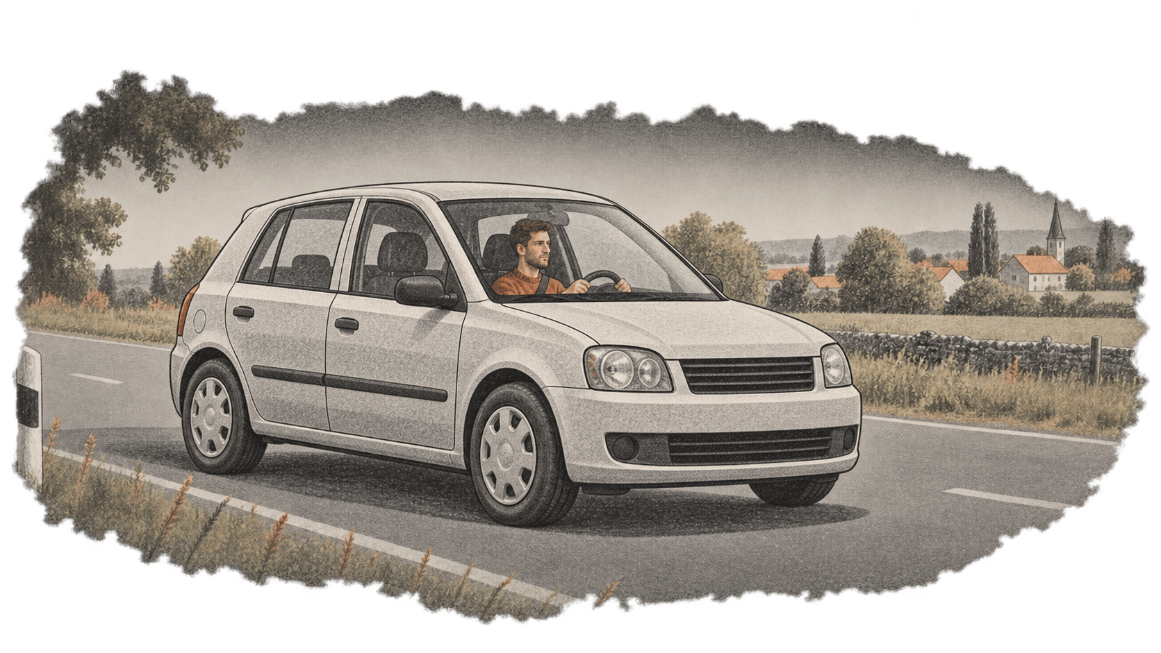 A driver sits at the wheel of a generic compact hatchback traveling on a quiet two-lane road.