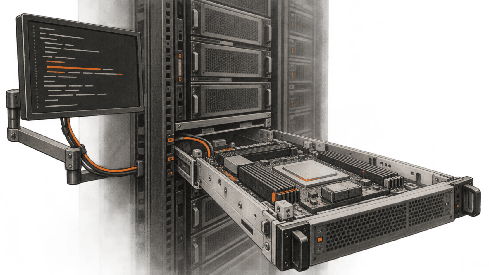 Conceptual charcoal illustration of a code-marked monitor beside an open rack drawer containing an unbranded accelerator board.