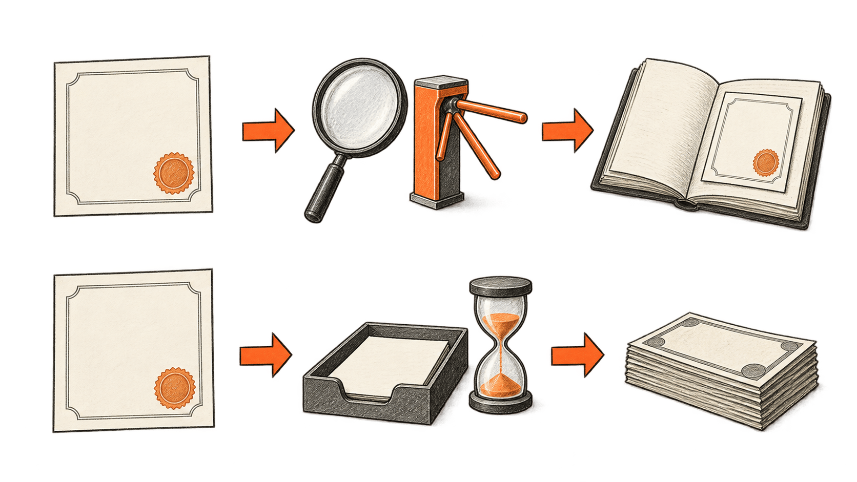 Top: certificate, magnifier and turnstile, then registry. Bottom: certificate, request tray and hourglass, then banknotes.