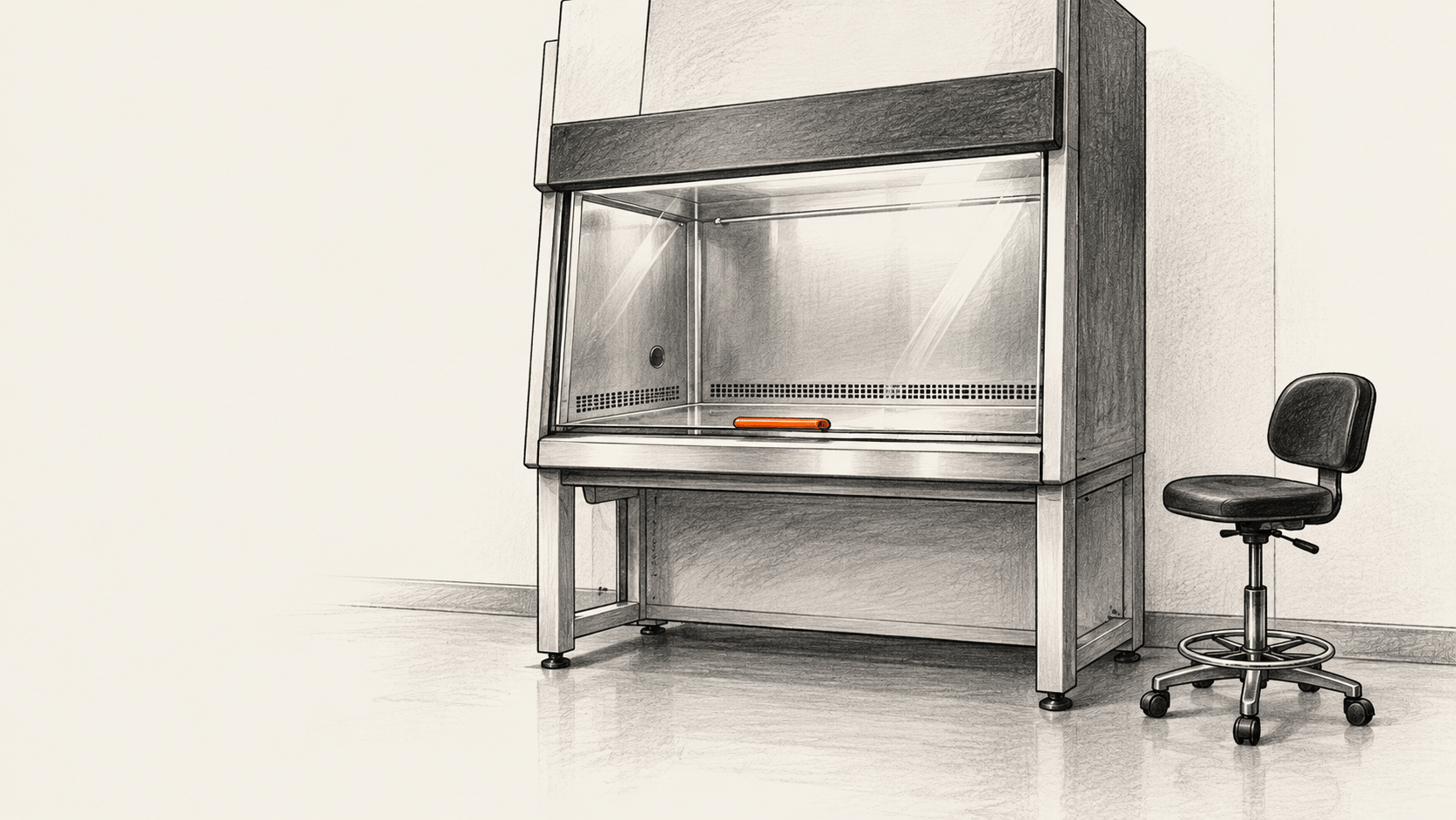 Conceptual charcoal illustration of an empty biological safety cabinet and an unoccupied lab stool.