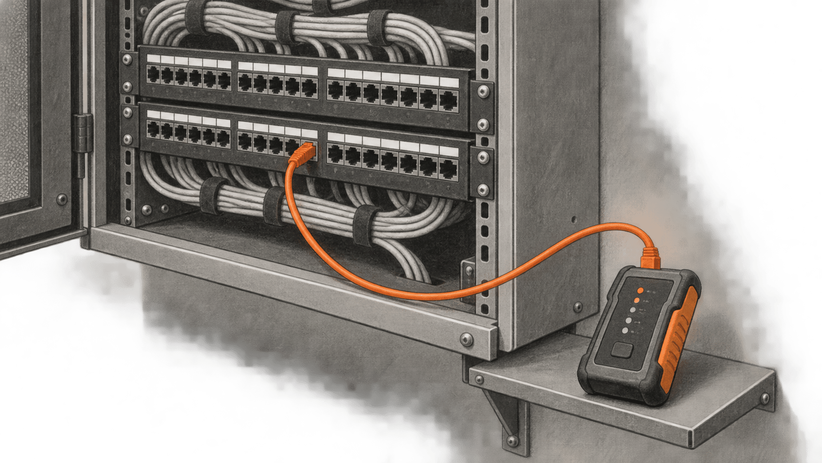 Conceptual charcoal illustration of a network patch panel with an orange test lead connected to a small cable tester on a wall shelf.