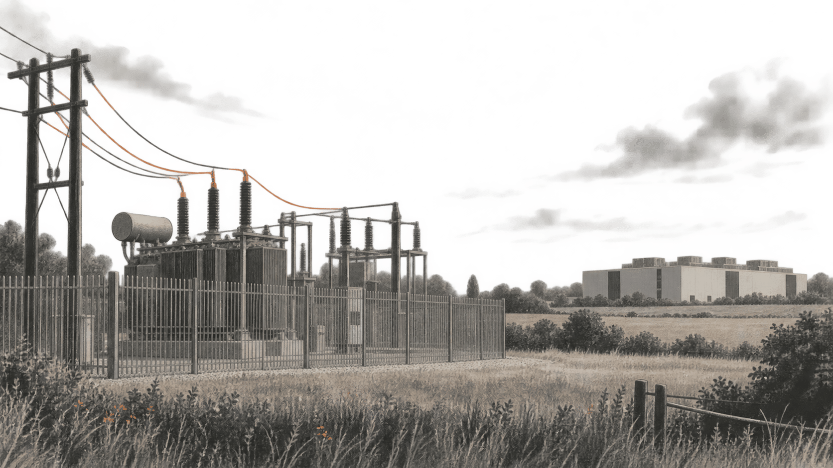 A fenced electrical substation stands in the foreground, with an unmarked data hall across a field in the distance.