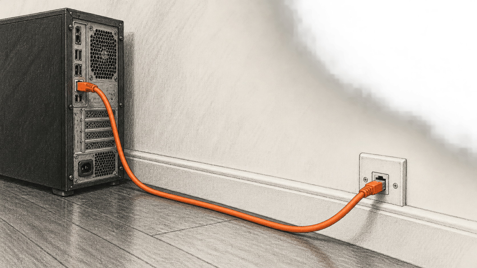 Conceptual charcoal illustration of an orange network cable connecting a desktop computer tower to a wall port.