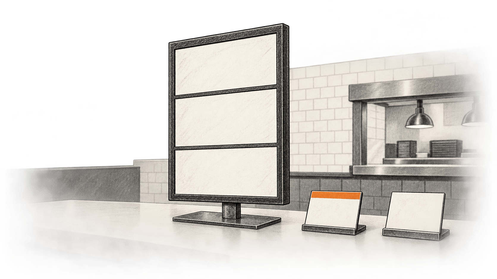 A blank menu board and two separate blank price-card holders rest on a generic quick-service restaurant counter.