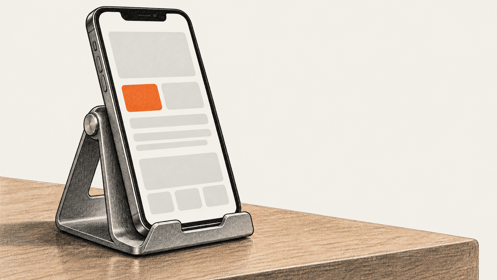 Conceptual charcoal illustration of an unbranded phone prototype with blank layout blocks, resting in a metal cradle on a wooden surface.