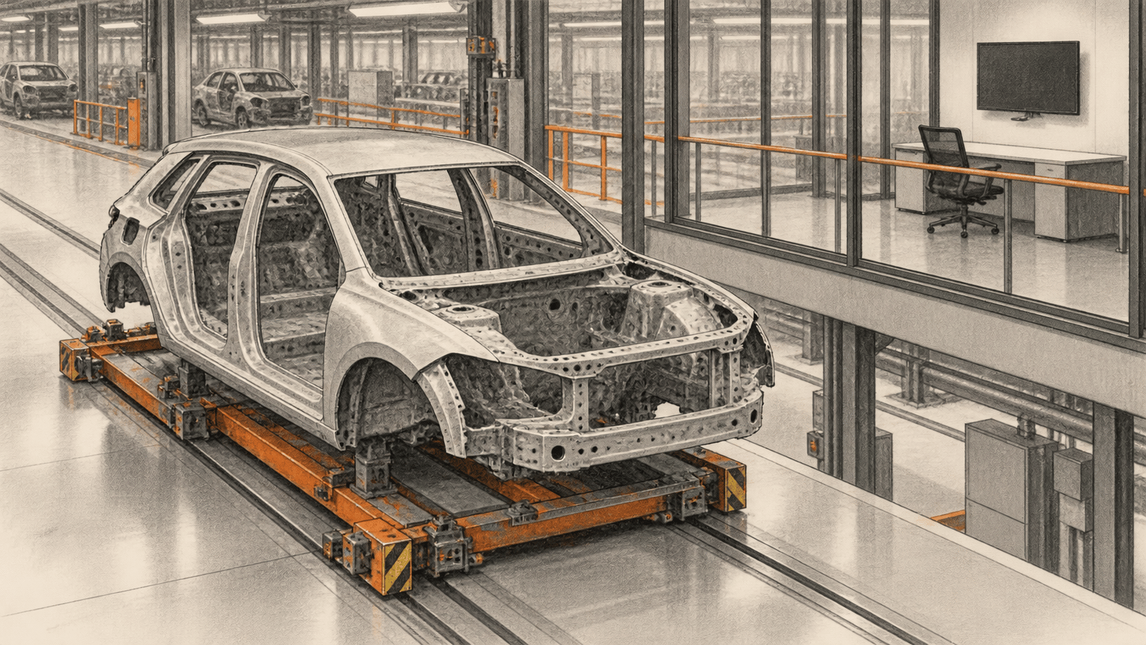 Conceptual charcoal illustration of an unfinished unbranded car body on a carrier inside a generic automotive plant, with an empty office and dark monitor beyond a glass partition.