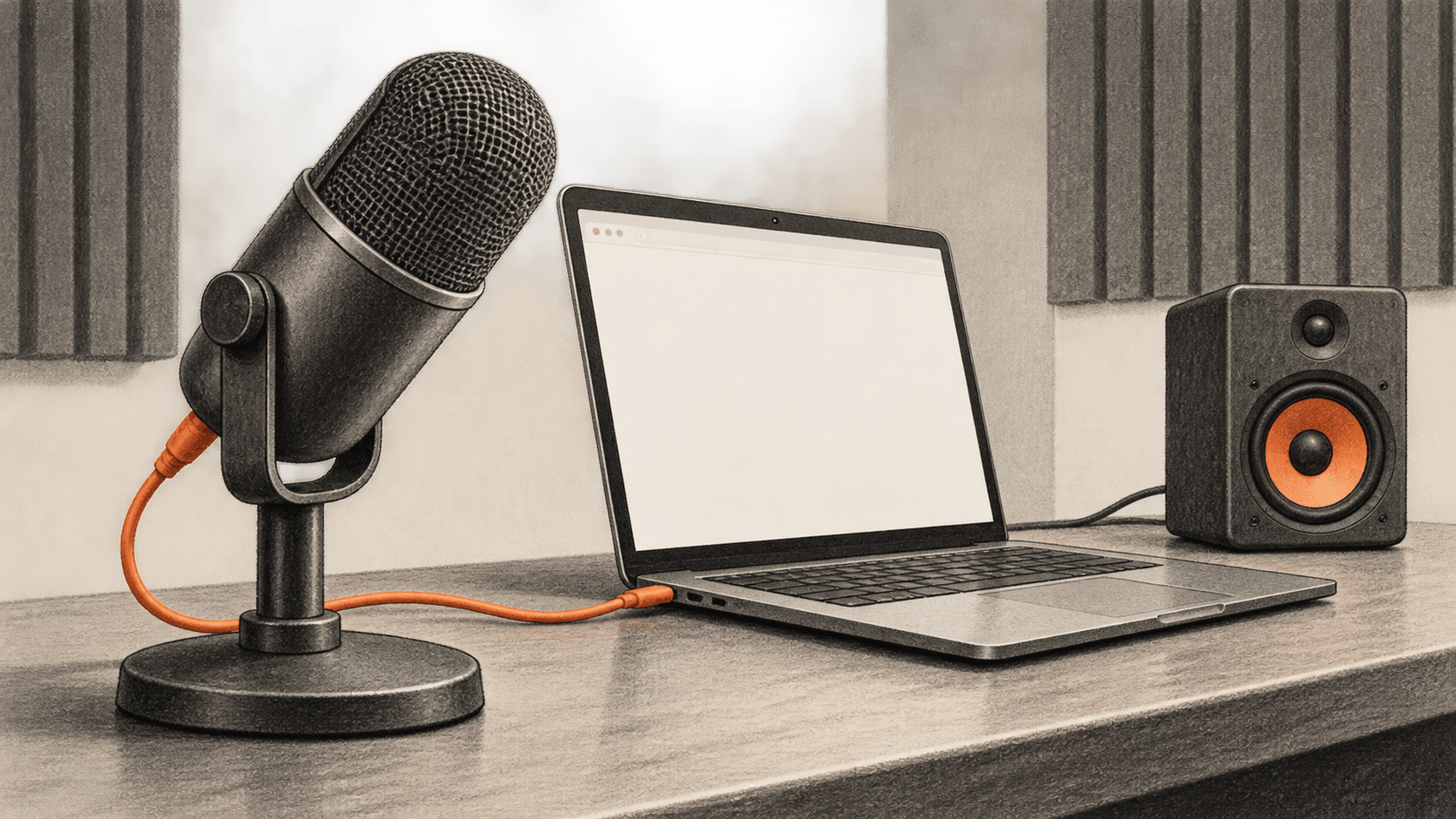 Conceptual charcoal illustration of a tabletop microphone connected to an unbranded laptop, with a small speaker beside it.