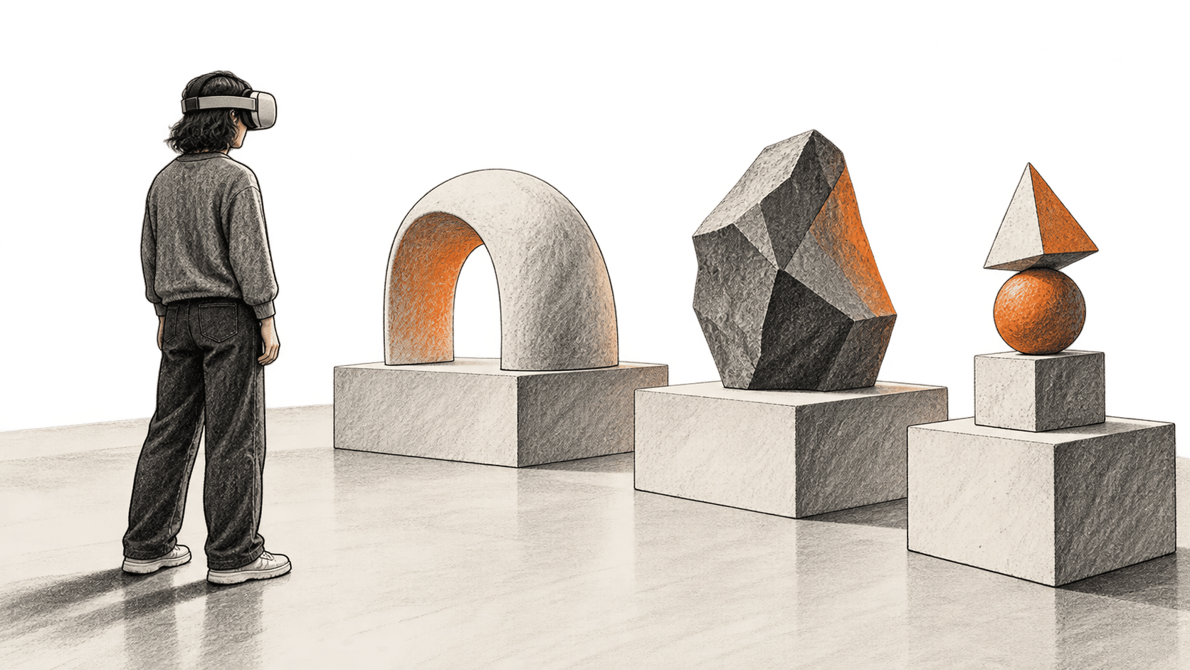 Conceptual illustration of a headset-wearing visitor looking toward three unlabelled abstract objects on plinths.
