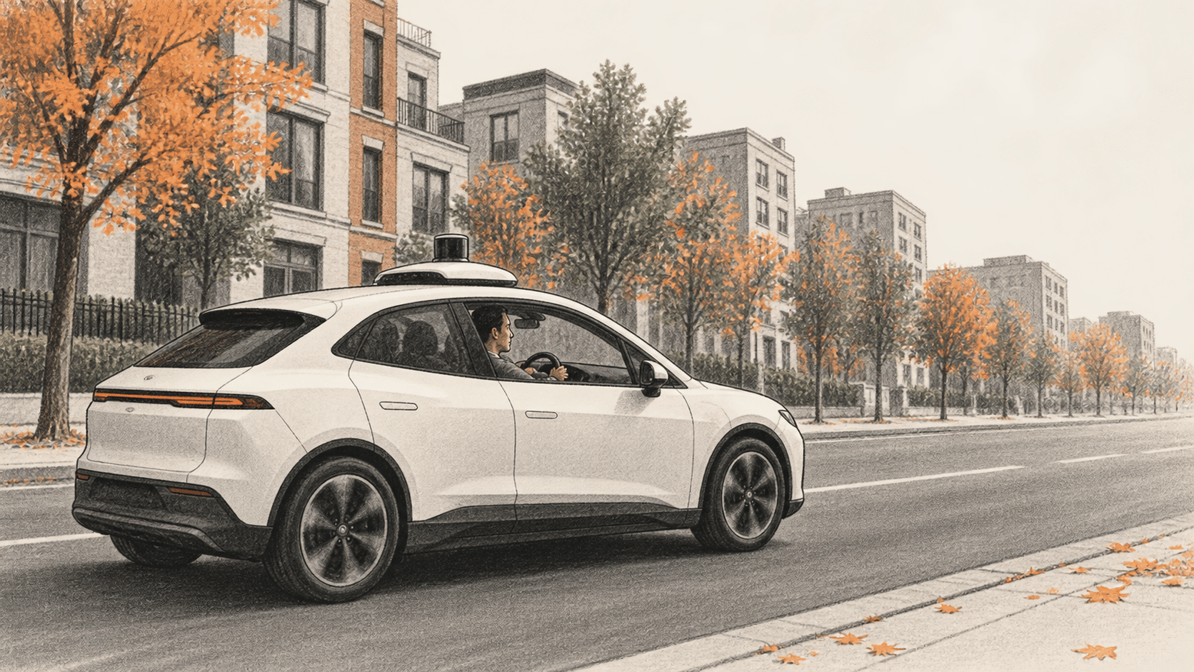 Conceptual charcoal illustration of an unbranded sensor-equipped vehicle on a city street with a human driver at the wheel.