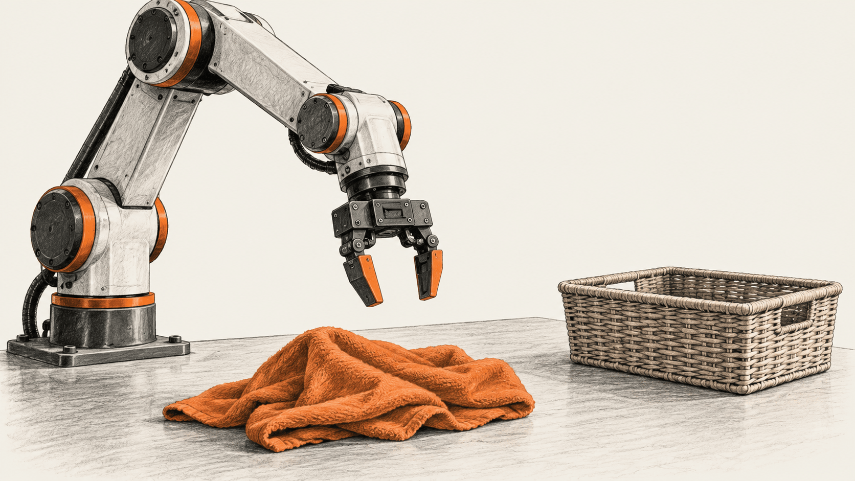 An open robotic gripper hovers above orange cloth on a work surface, with an empty basket beside it.