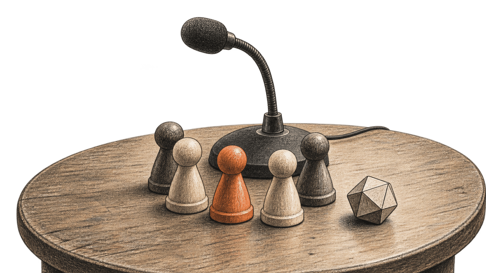 Five wooden game pawns gathered in front of a tabletop microphone, with a blank polyhedral gaming die beside them.