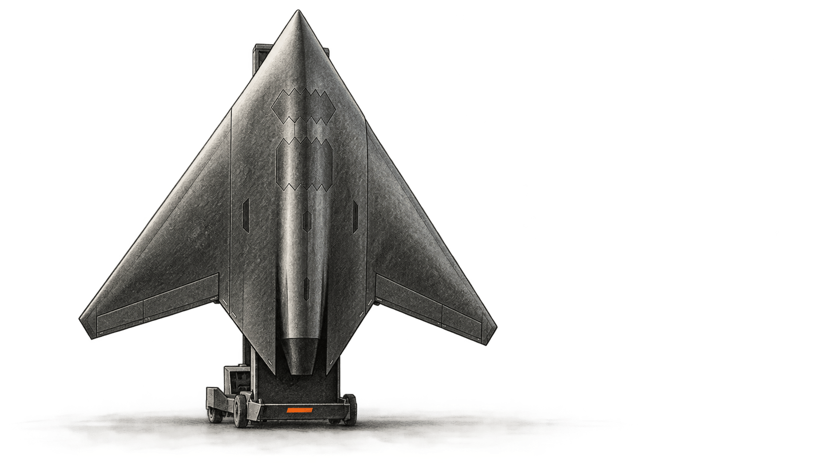 Conceptual charcoal study of X-BAT's delta-shaped design standing nose-up on a wheeled support.