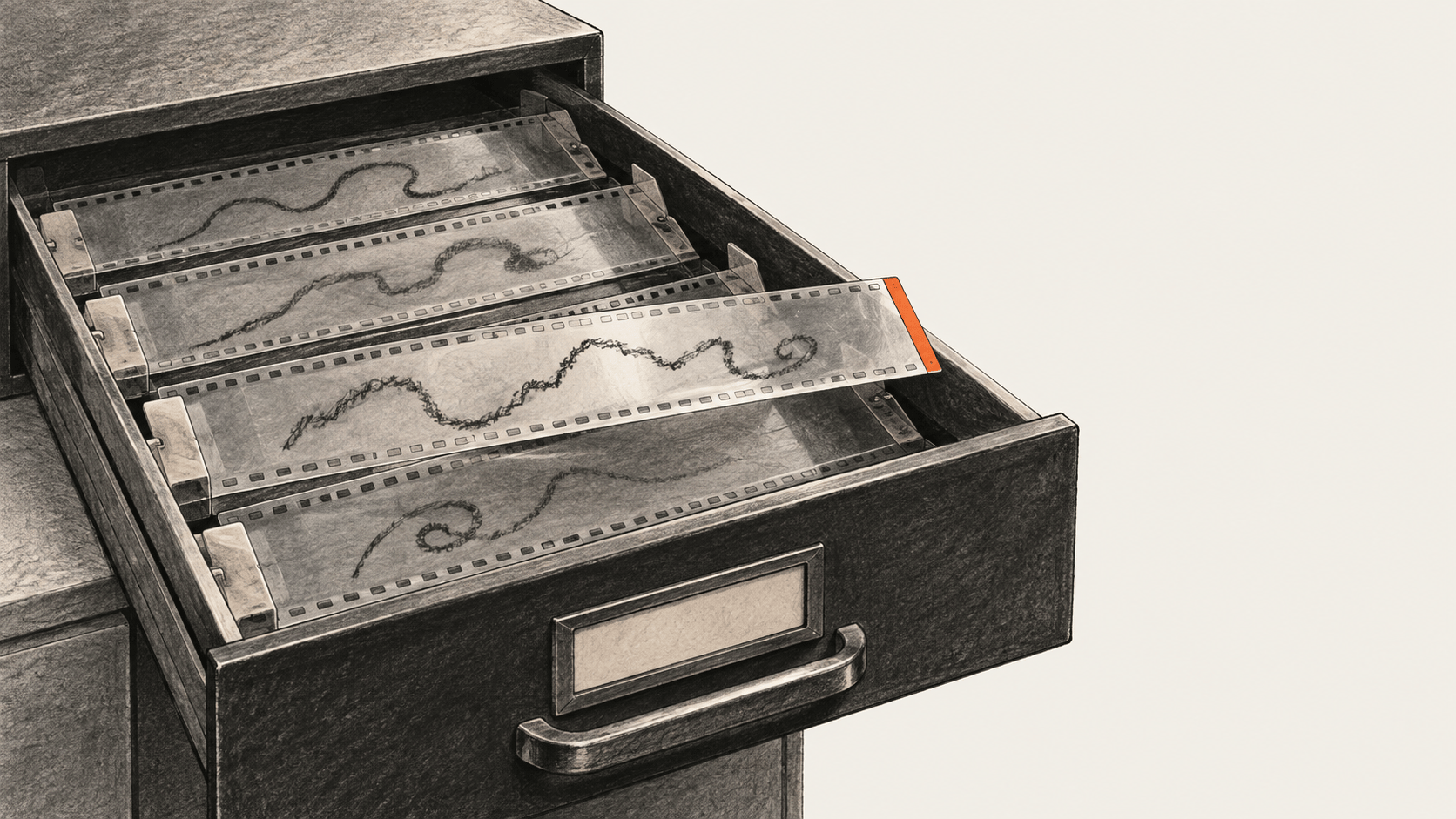 Several transparent film strips with unlabelled movement traces sit in a shallow archival drawer; one strip is picked out in orange.