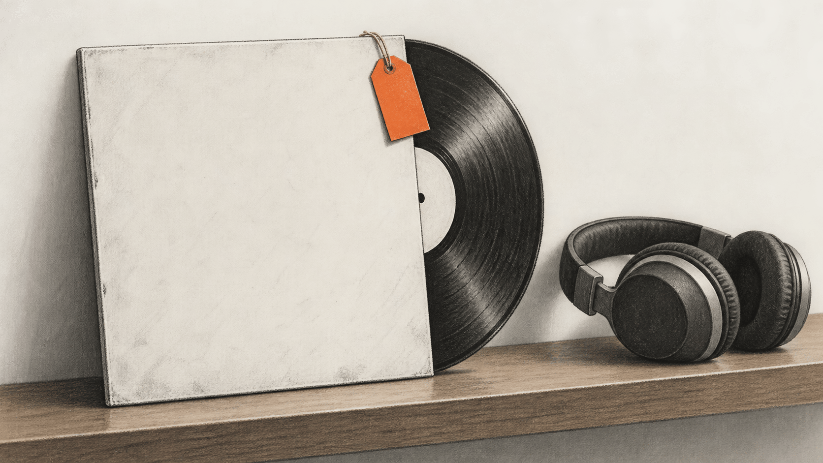 Conceptual charcoal illustration of a blank music sleeve with a partly exposed record and an orange blank tag, beside unbranded headphones.