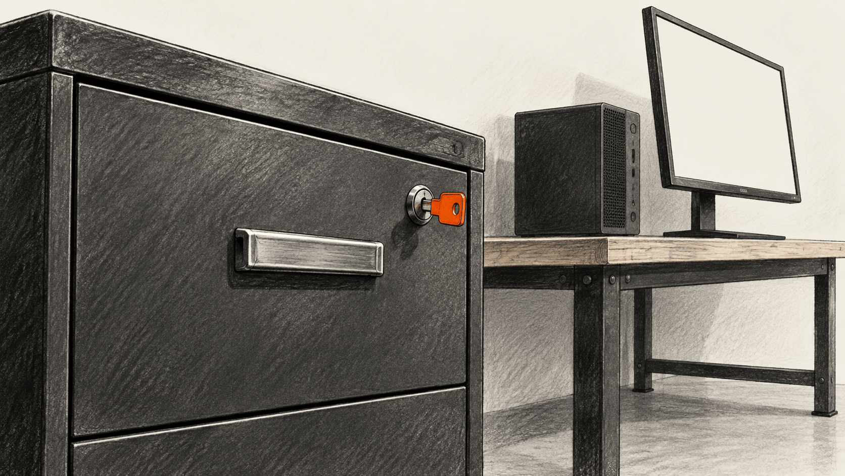 Conceptual charcoal illustration of a closed steel drawer with an orange key in its lock beside a separate computer on a workbench; the monitor is blank.