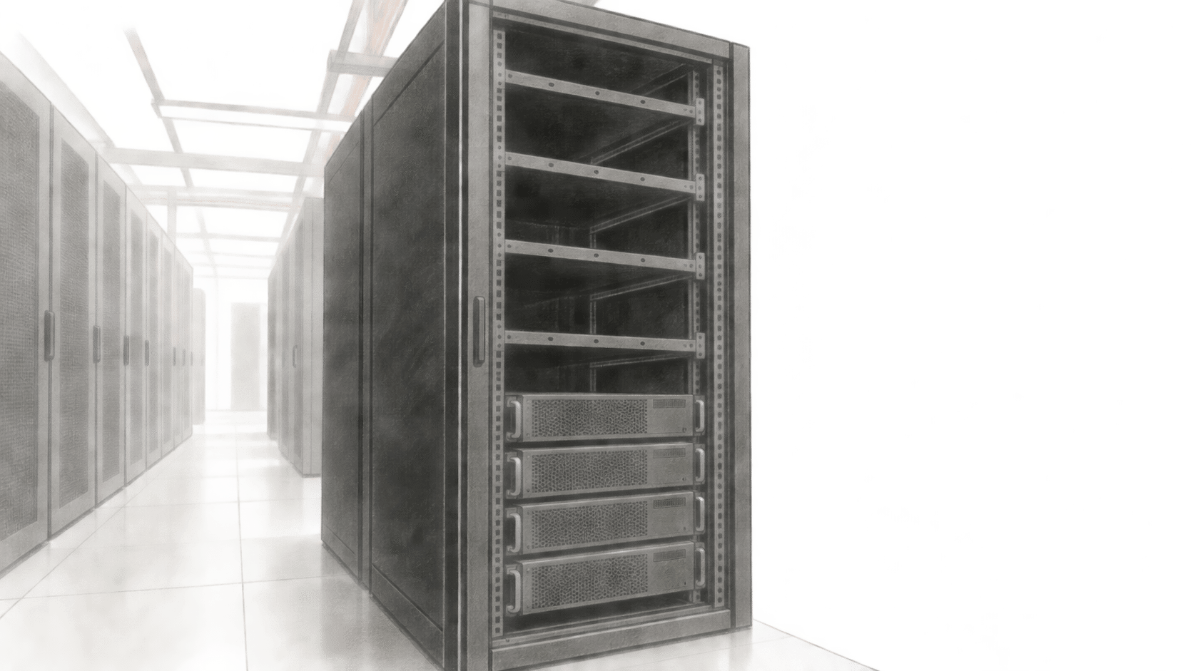 A generic partly empty server rack stands in a data-center aisle, with closed server units in the lower bays.