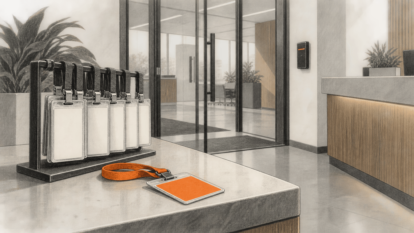 Conceptual charcoal illustration of blank employee badges and one orange visitor badge at a generic office entrance.