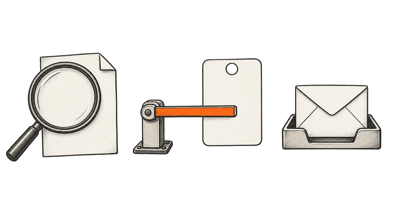 Three separate groups show a document under a magnifier, an orange barrier beside a blank account card, and an envelope in a tray.