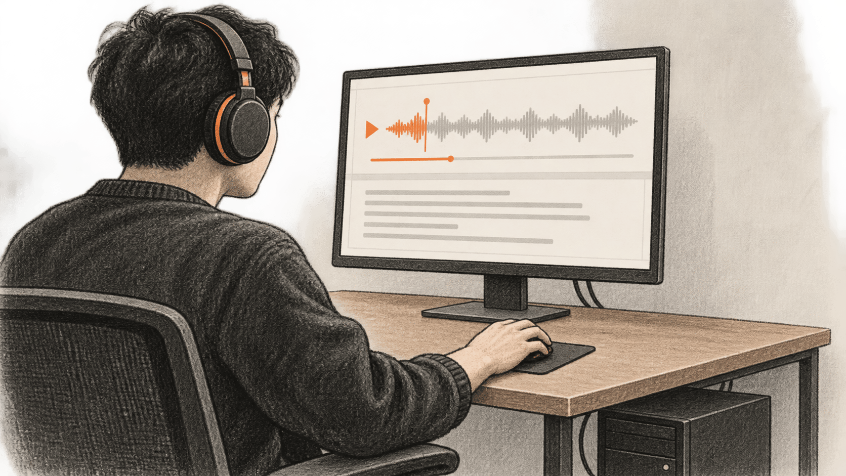 Conceptual charcoal illustration of one headphone listener comparing an audio playback track with abstract text marks on an unbranded desktop monitor, beside a local computer tower.