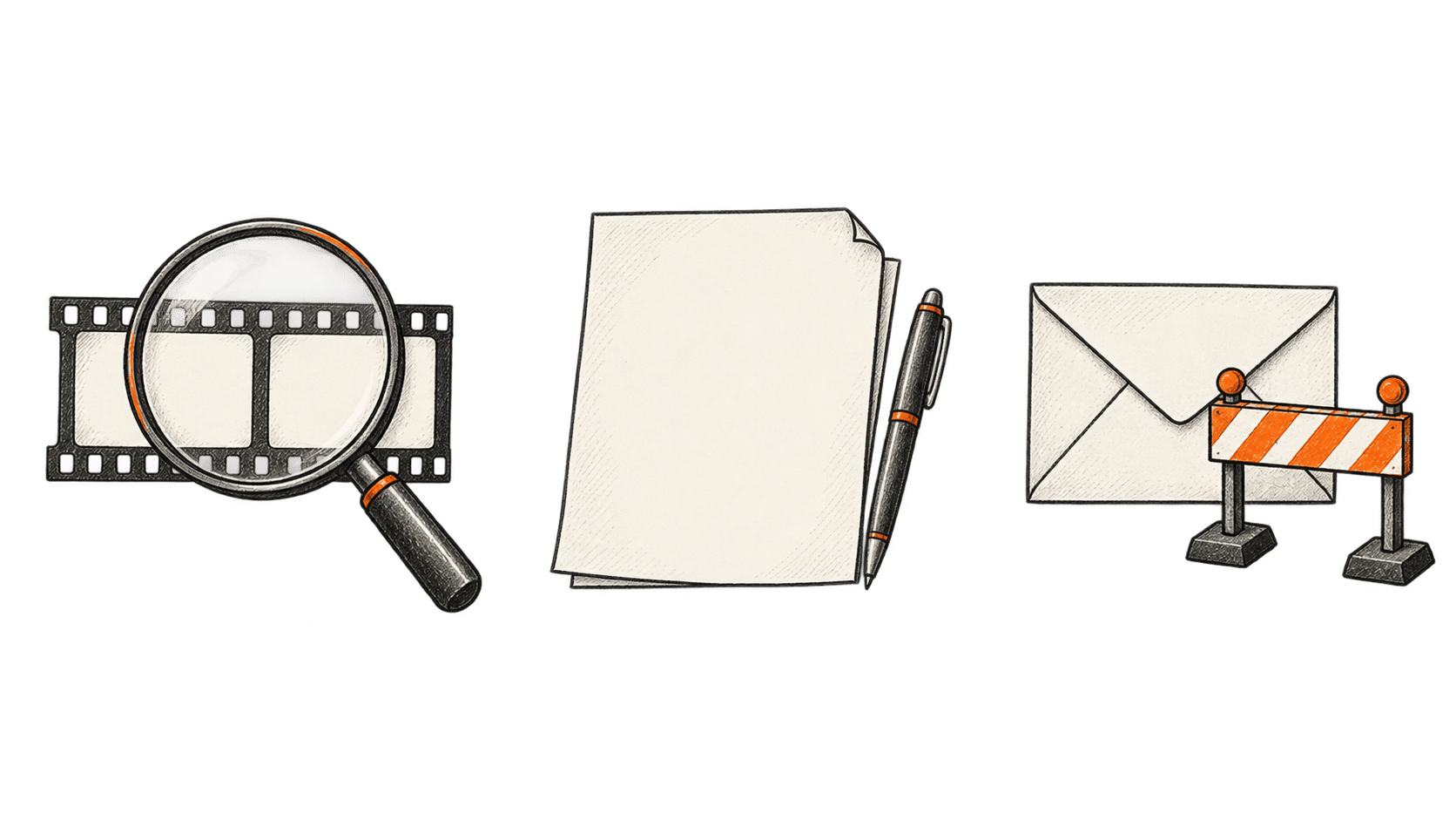 Three separate groups show a magnifier over blank film, an unsigned document with a pen, and an envelope beside a stop barrier.