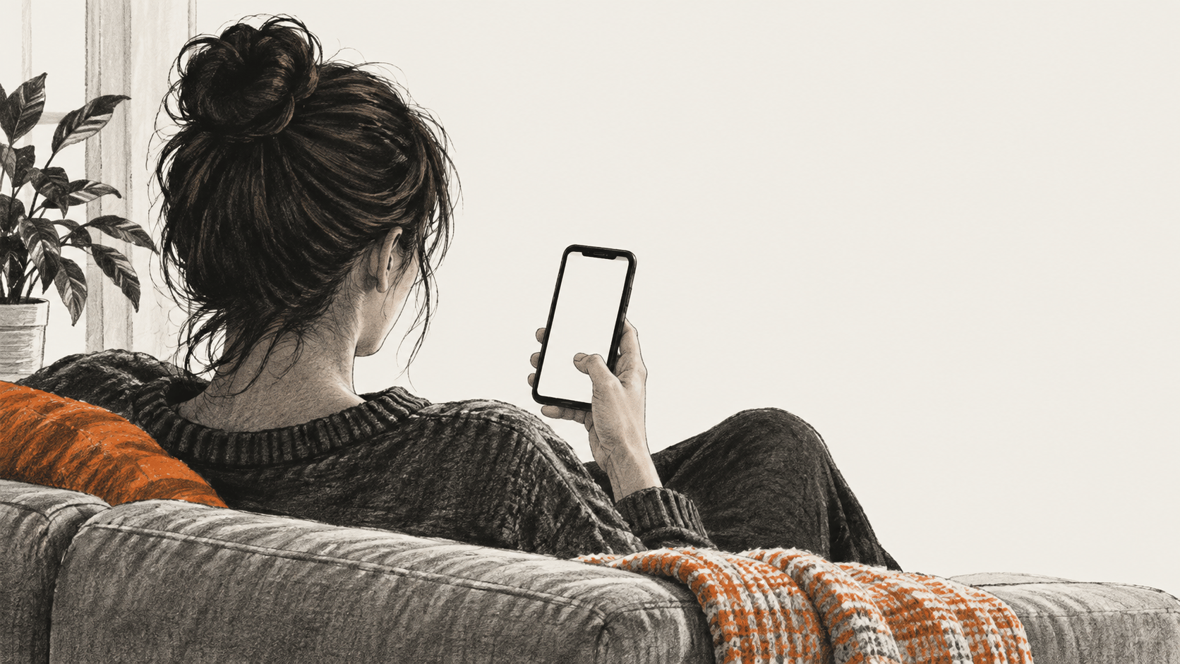 Conceptual charcoal illustration of one person on a sofa looking at a blank, unbranded phone screen.