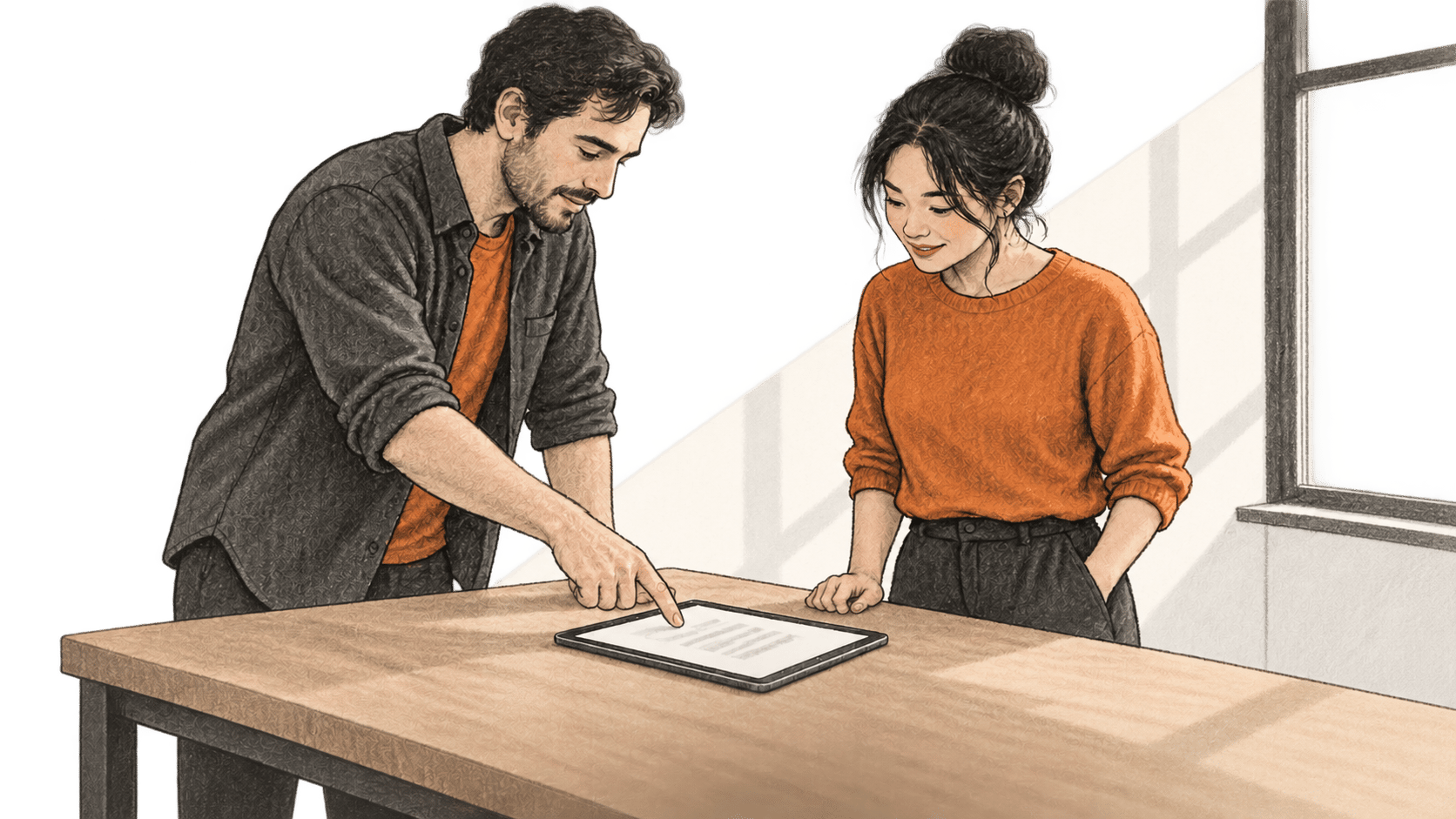 Two colleagues look together at a generic tablet page resting on a shared worktable.