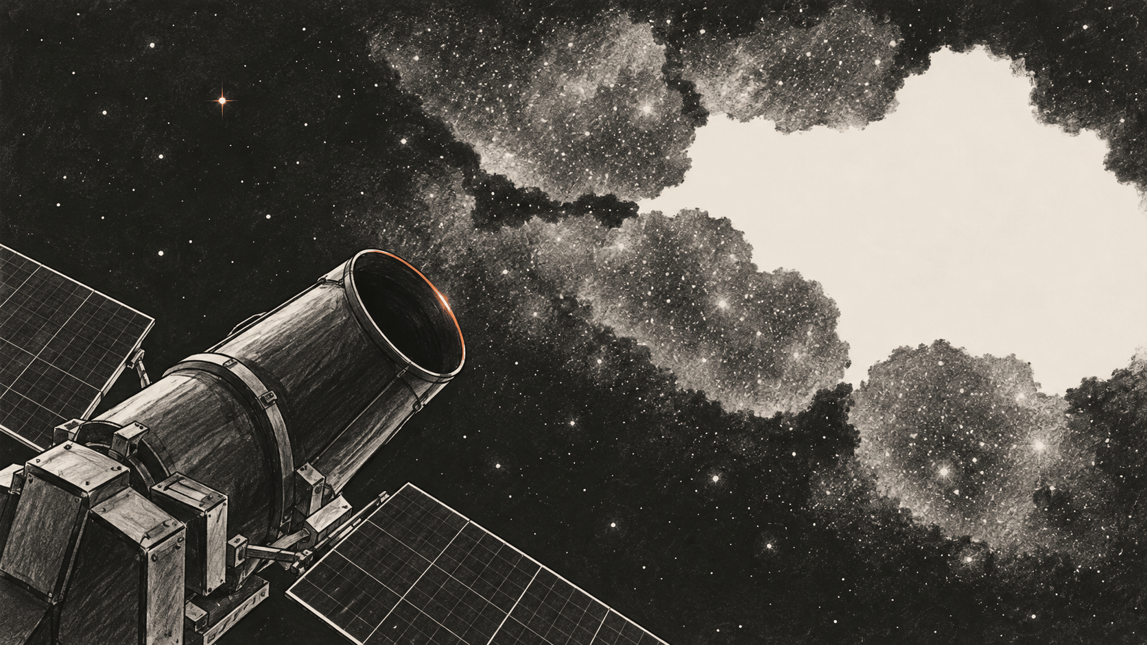 A generic unbranded space telescope faces a star field with a broad unfilled area beside softly textured regions; the sky pattern is conceptual, not survey data.