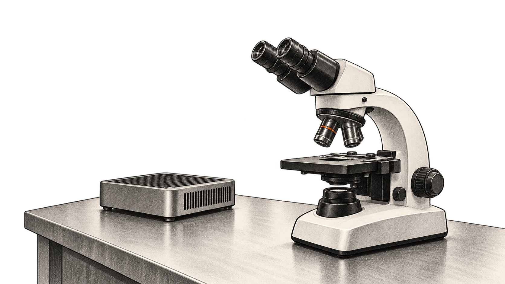 Conceptual charcoal illustration of an unbranded microscope beside a compact computer on a laboratory bench.
