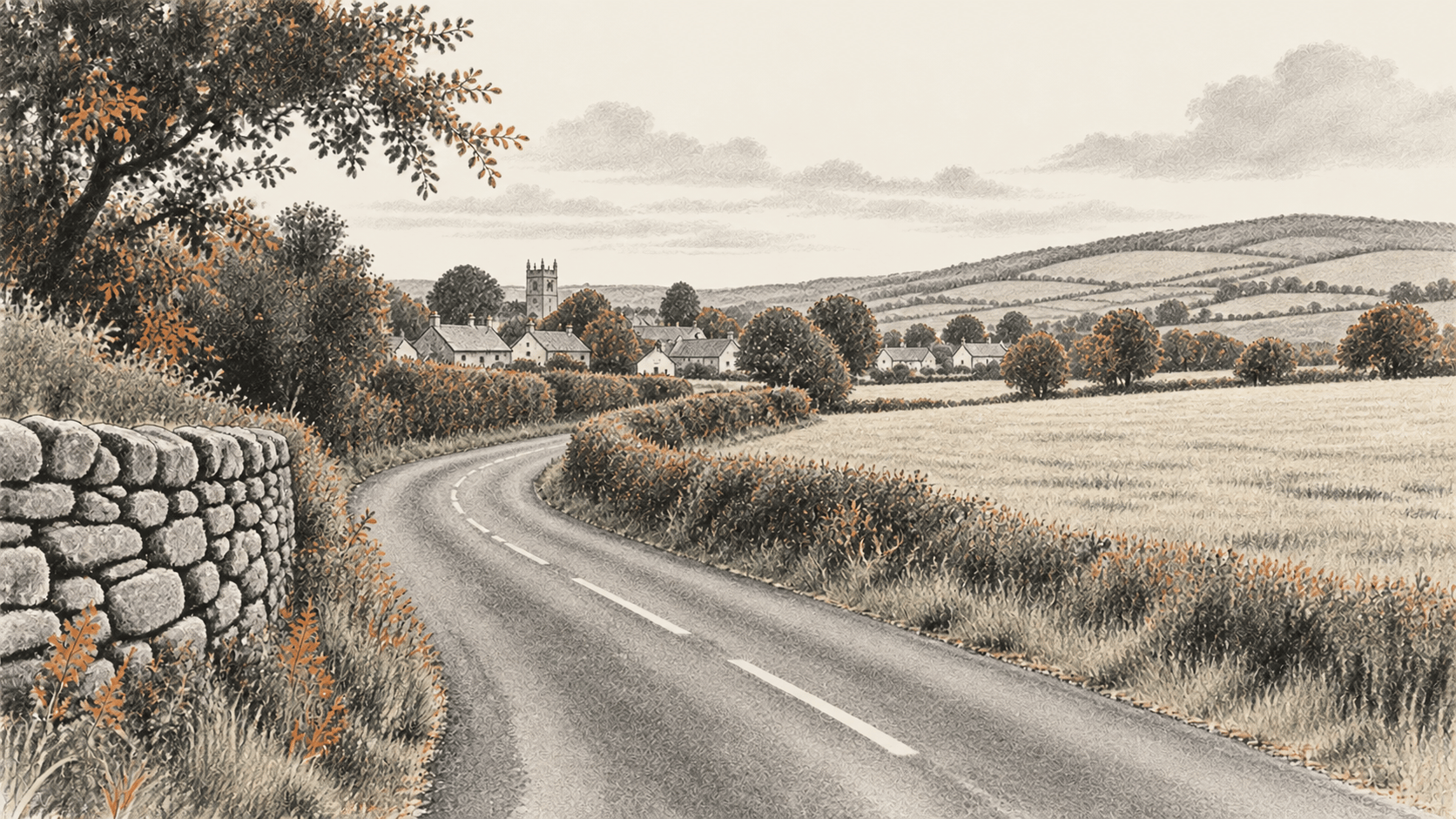 A narrow country road curves past a dry-stone wall toward a distant village, with open fields and rolling hills.