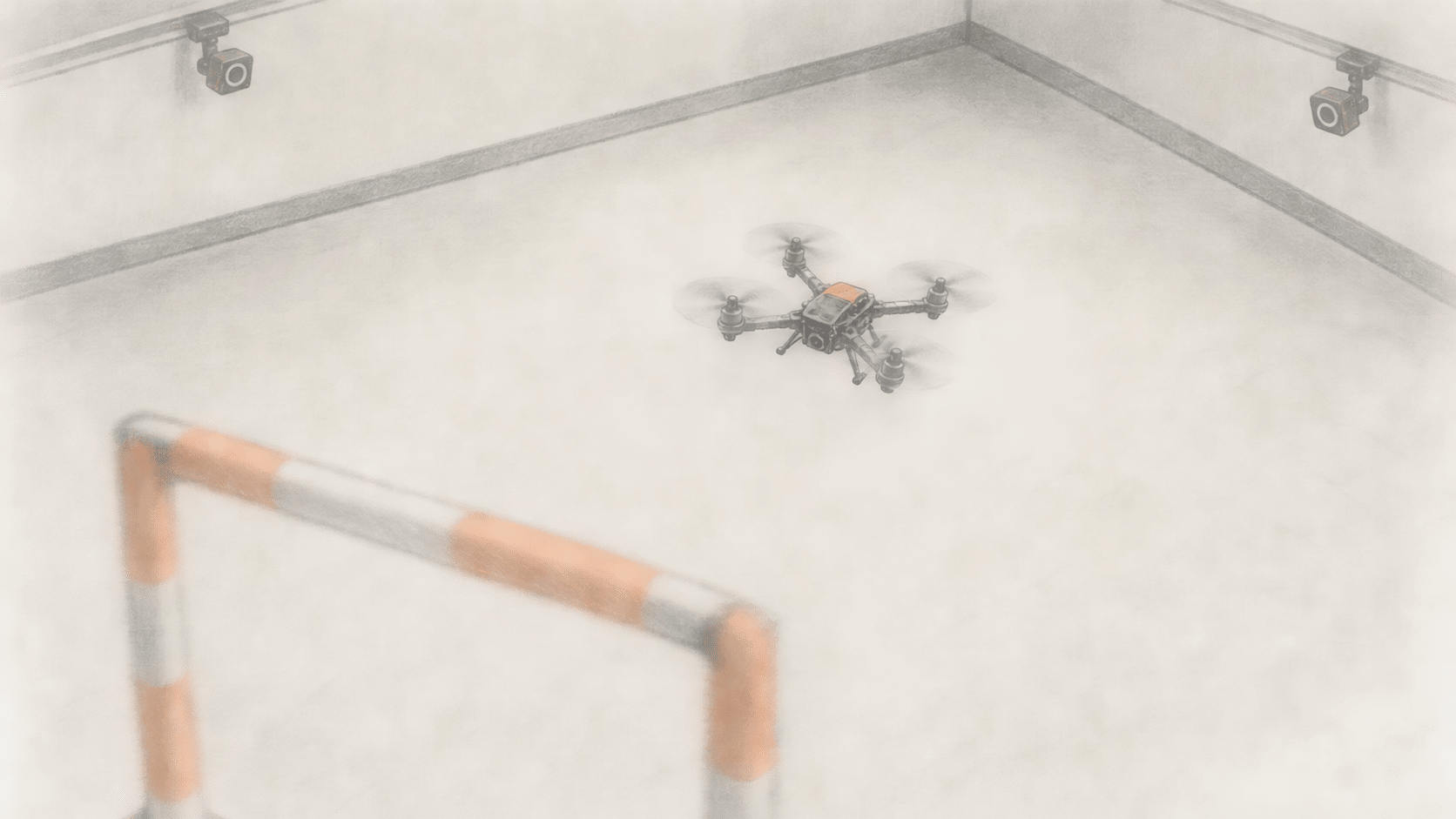 Indoor quadrotor approaches blurred gate.