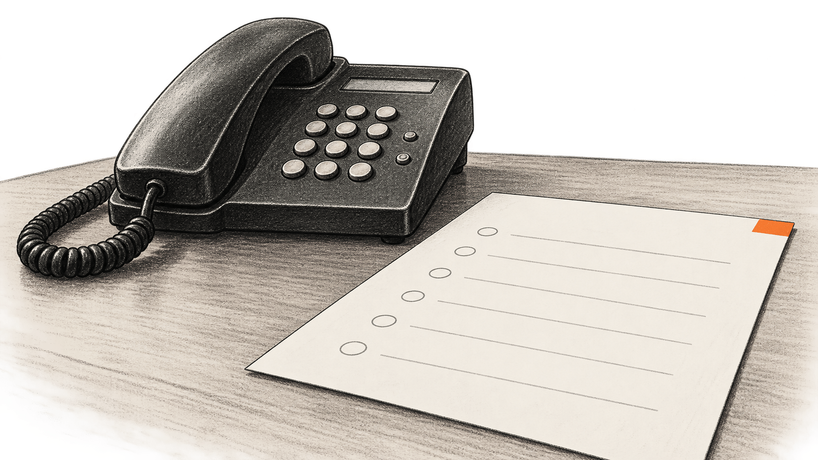 Conceptual charcoal illustration of a corded telephone beside a blank interview sheet with empty circles.