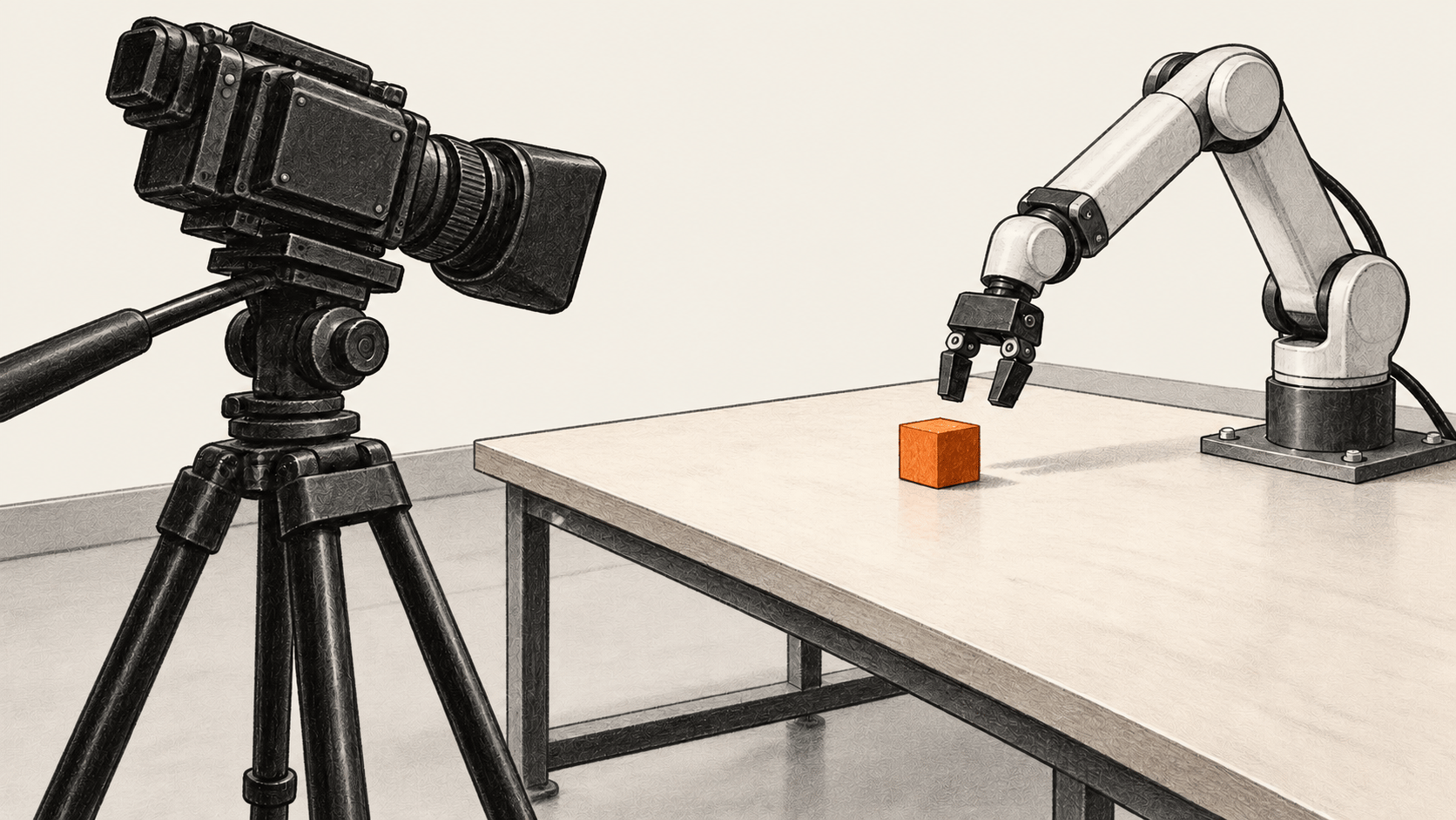 Tripod camera aimed at a bolted robot arm and orange block on a table.