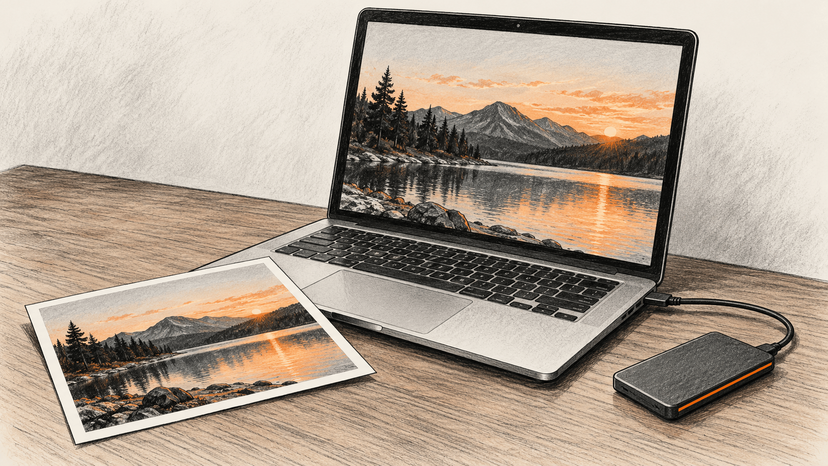 A landscape print beside an open laptop displaying a similar image, with a portable drive connected at right.