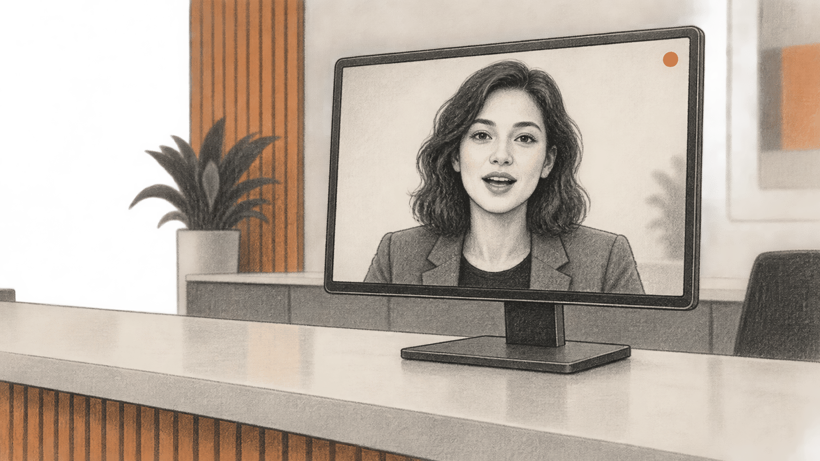 A conceptual illustration of a speaking synthetic avatar on a counter-mounted display in a generic customer-service setting.