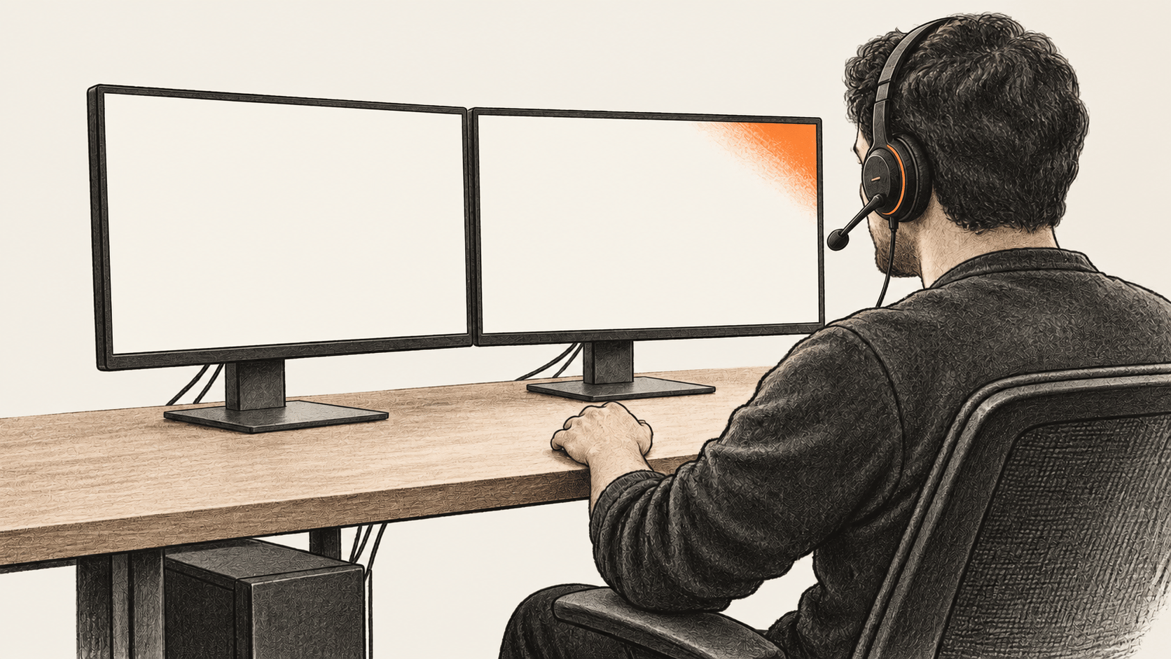 Conceptual charcoal illustration from behind one headset-wearing person facing two blank monitors on a shared desk.