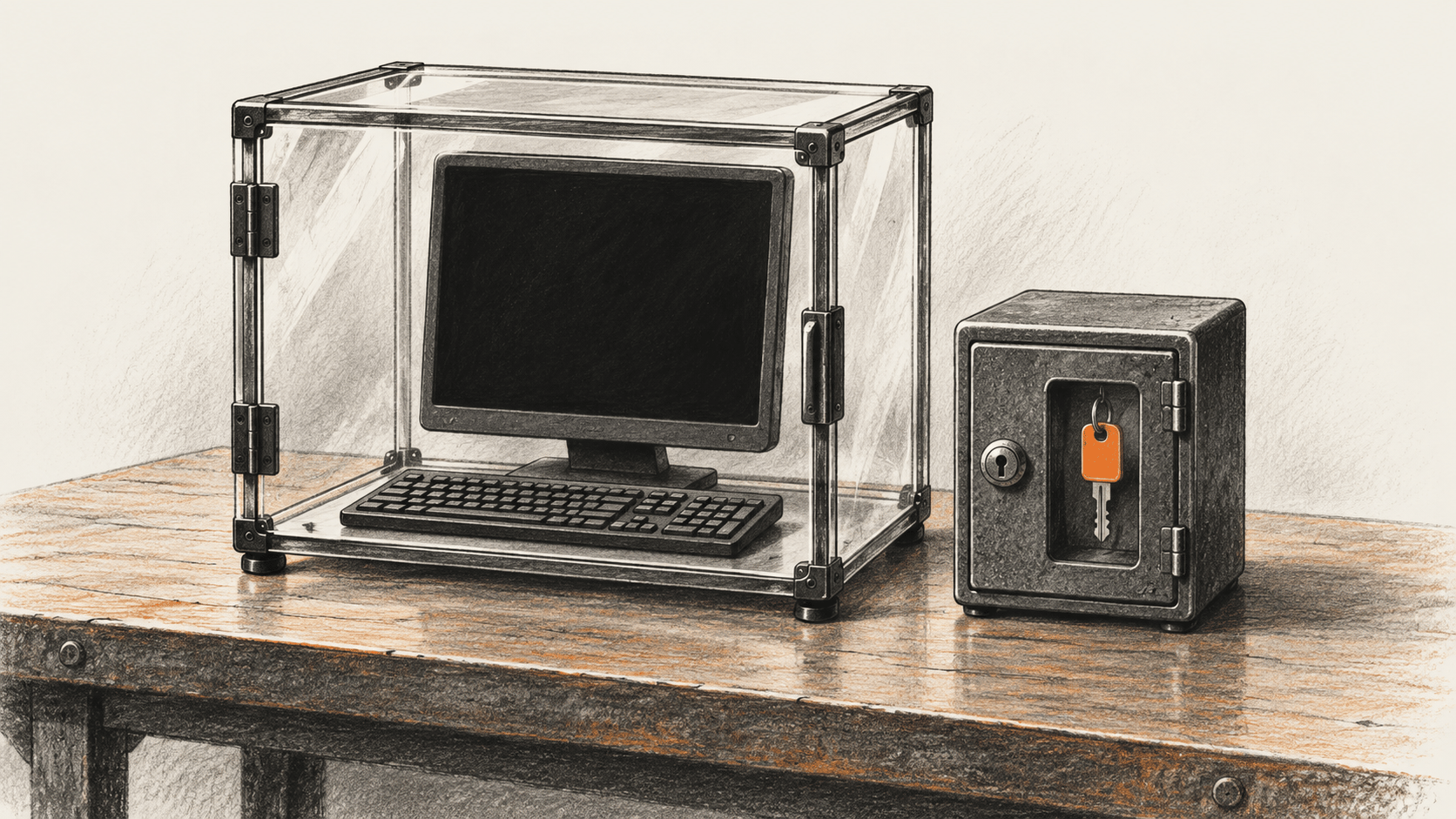 Conceptual charcoal illustration of a blank computer inside a clear enclosure, with a separate closed key safe beside it.